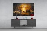 Birth glass wall art catching light to reveal its painted glow