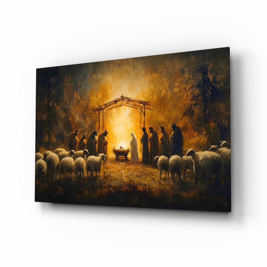 Birth Nativity glass wall art in a contemplative living room