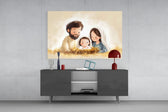 Little Holy Family glass wall art catching light to reveal its painted straw