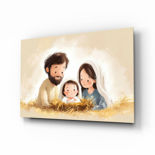 Little Holy Family glass wall art in a modern children's bedroom