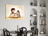 Sacred glass print bringing storybook edge to a family room