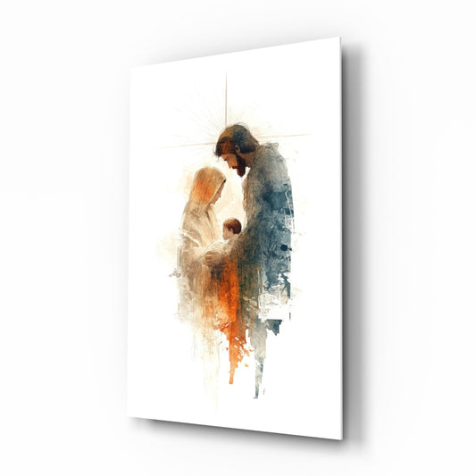 Holy Family glass wall art in a contemplative living room