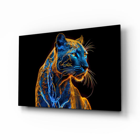 Neon Jaguar glass wall art in a modern creative loft