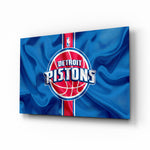 Detroit Pistons banner glass wall art in a modern man cave