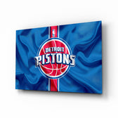 Detroit Pistons banner glass wall art in a modern man cave