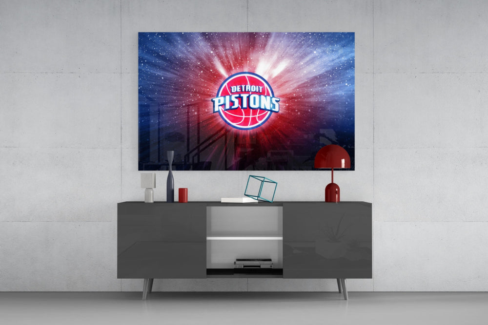 Detroit Pistons Blue Light glass wall art catching light to reveal its painted rays