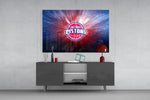 Detroit Pistons Blue Light glass wall art catching light to reveal its painted rays