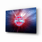 Detroit Pistons Blue Light glass wall art in a modern man cave