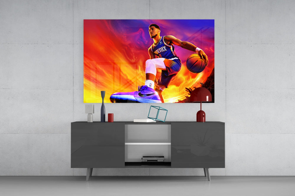 Devin Booker glass wall art catching light to reveal its painted flames