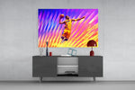 Kobe Bryant glass wall art catching light to reveal its painted sunburst