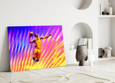 Close-up detail of Kobe mid-dunk in color sunburst behind glass