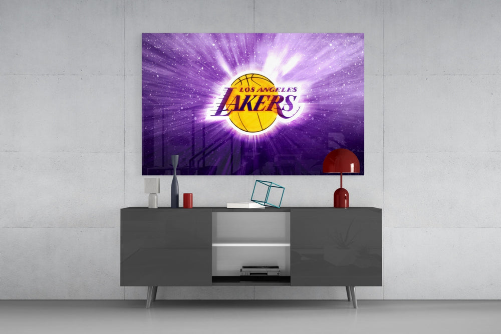 Los Angeles Lakers Purple Flash glass wall art catching light to reveal its painted rays
