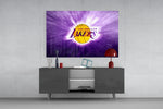 Los Angeles Lakers Purple Flash glass wall art catching light to reveal its painted rays