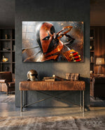 Deathstroke glass wall art in a modern home cinema