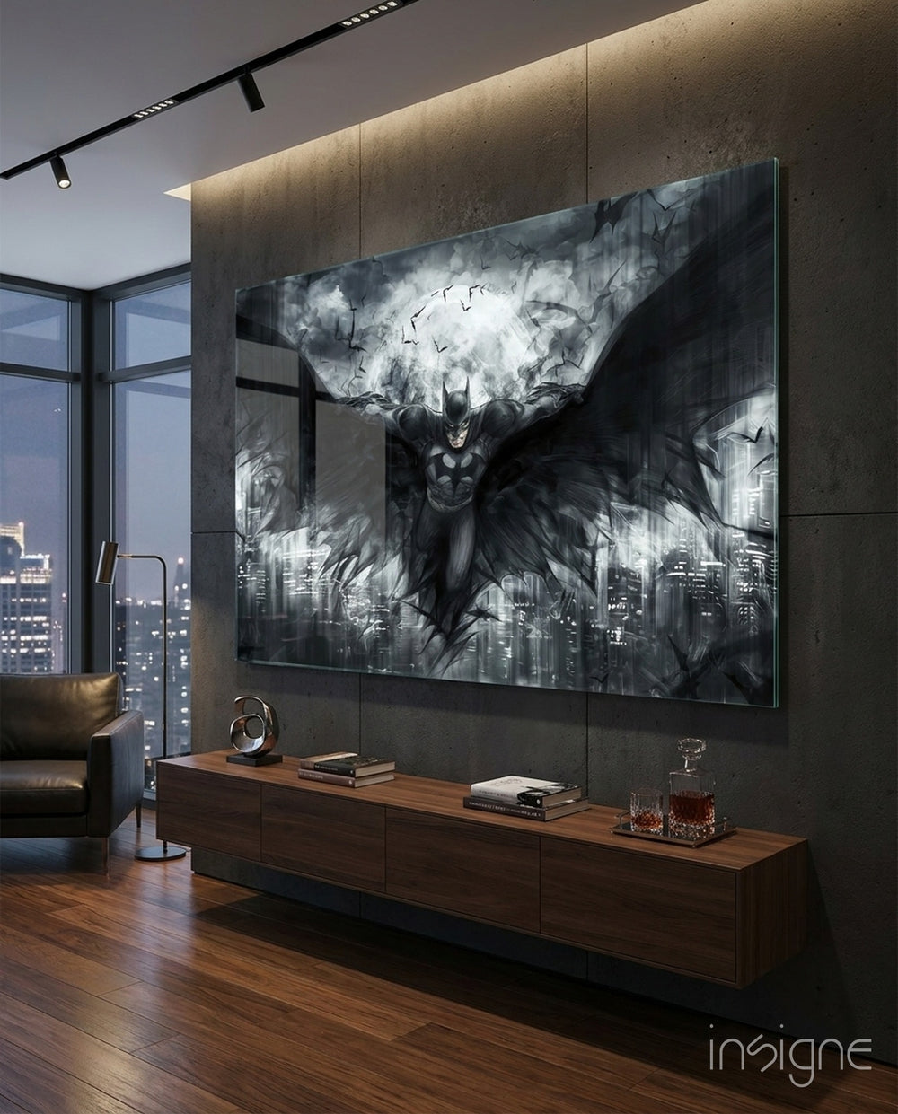 Batman Wings glass wall art in a modern home cinema