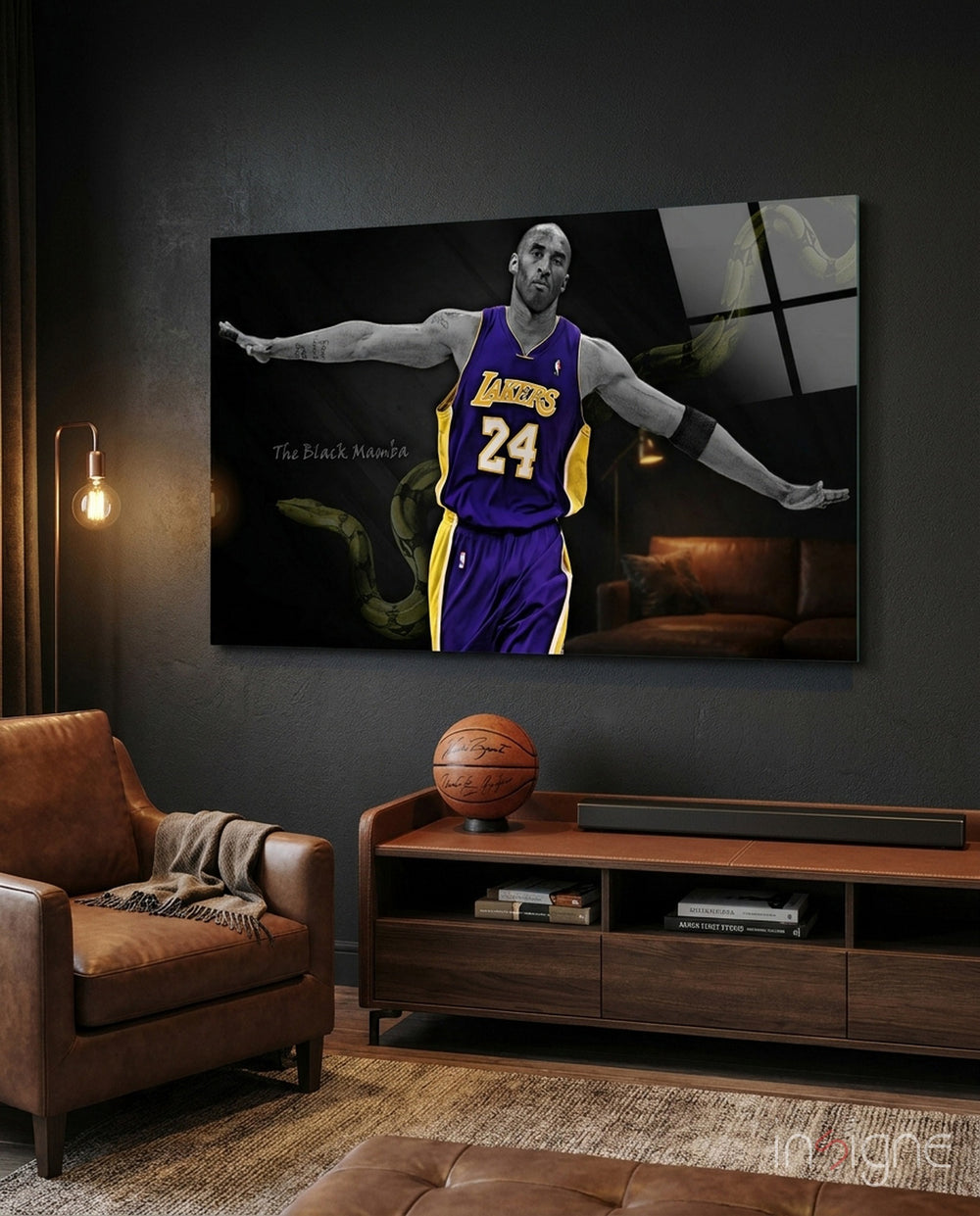 Kobe Bryant Black Mamba glass wall art in a modern man cave