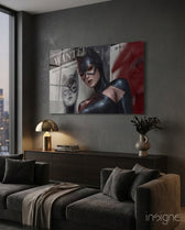 Cat Woman glass wall art in a modern home cinema