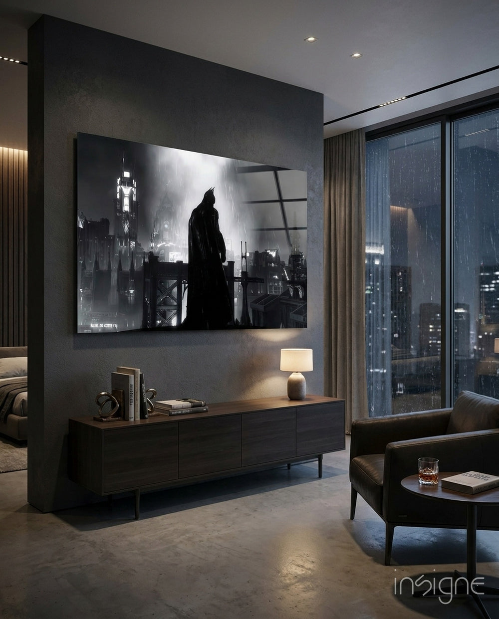Batman Rain glass wall art in a modern home cinema