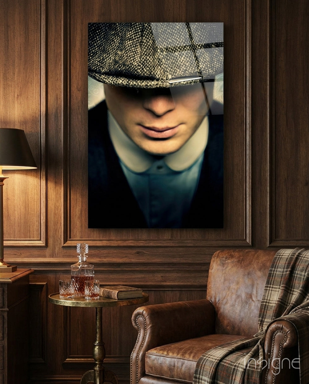 Peaky Blinders Tommy Shelby glass wall art in a modern home cinema