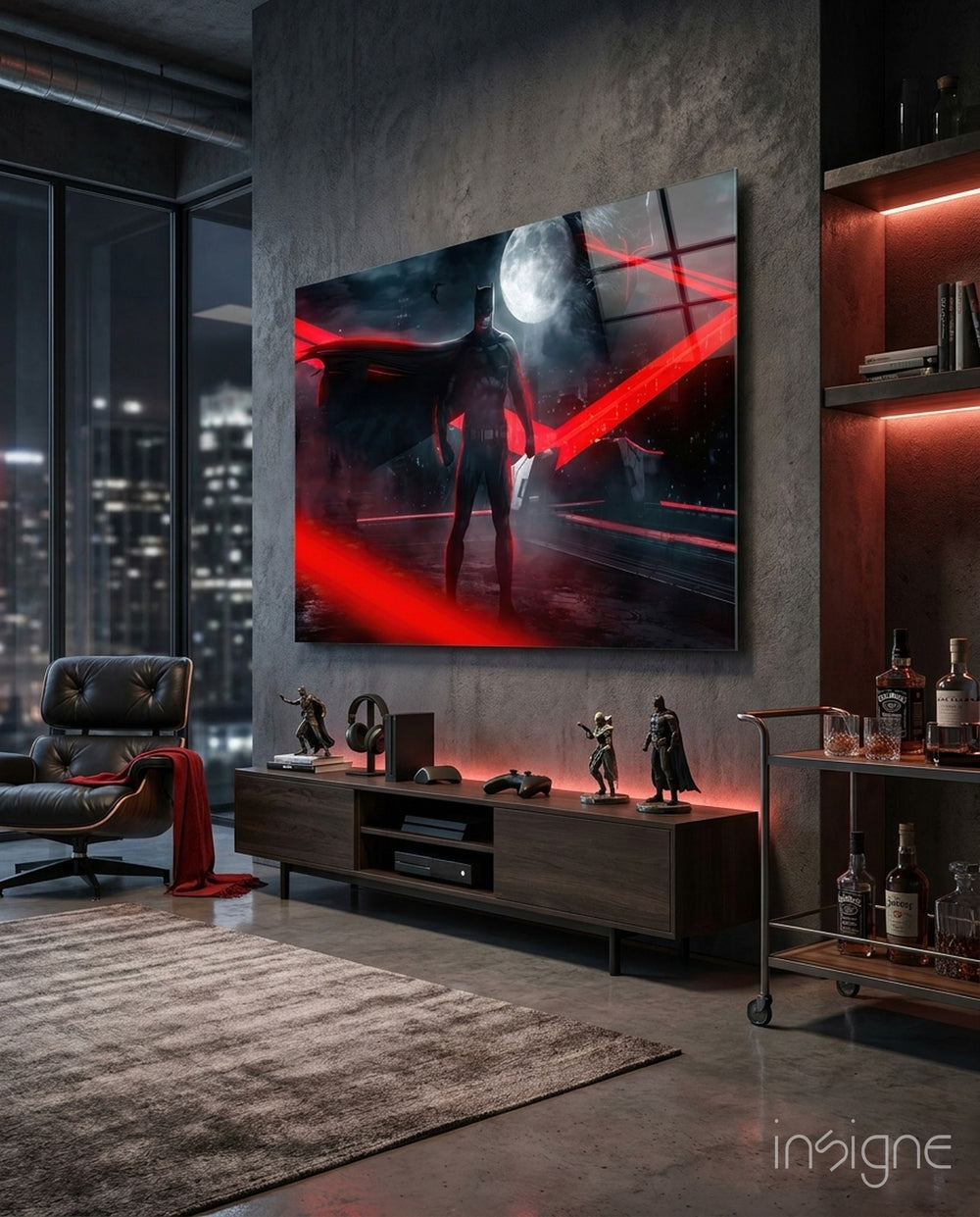 Batman Knightmare glass wall art in a modern home cinema