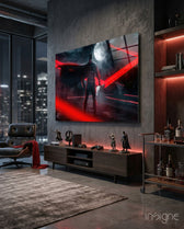Batman Knightmare glass wall art in a modern home cinema