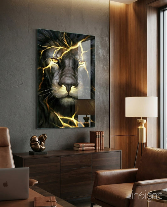Gold Lightning Lion glass wall art in a modern creative loft