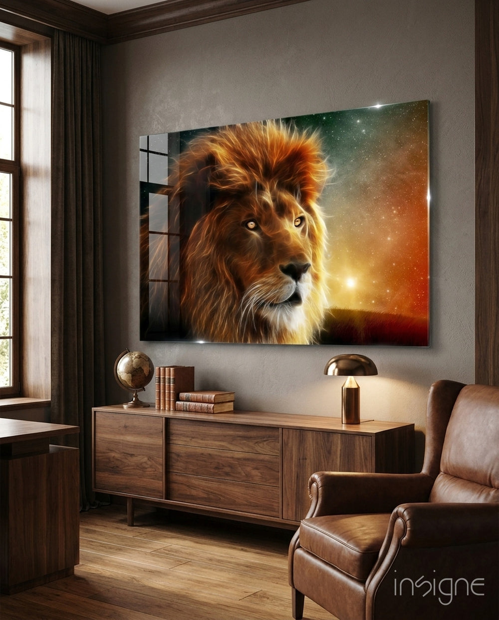 Cosmic Lion glass wall art in a modern creative loft