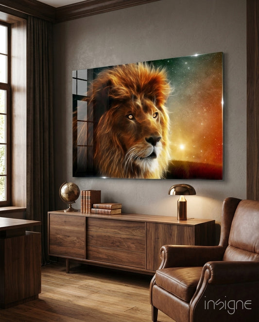 Cosmic Lion glass wall art in a modern creative loft