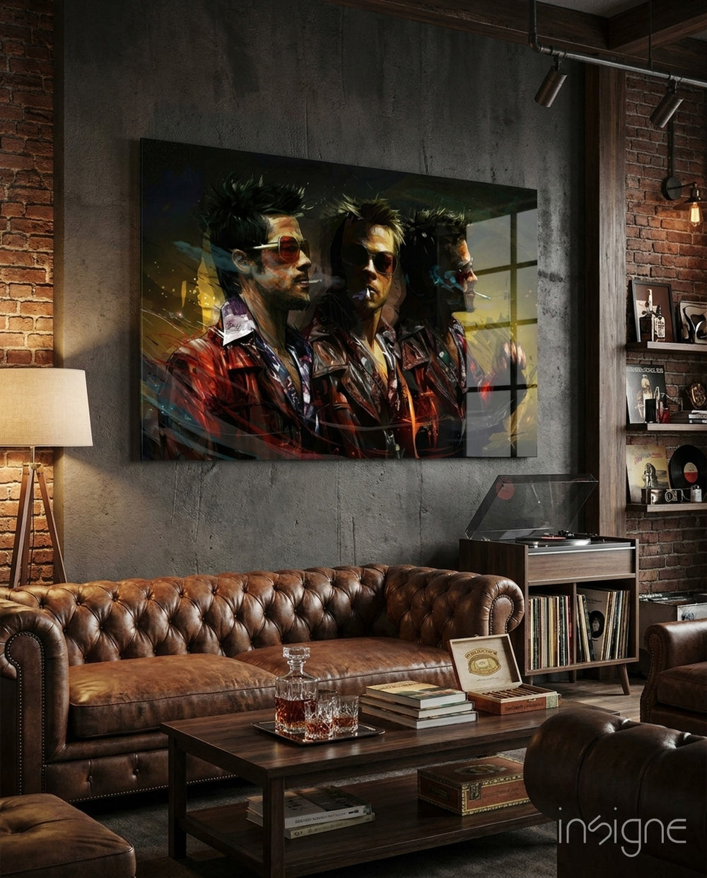 Tyler Durden glass wall art in a modern home cinema