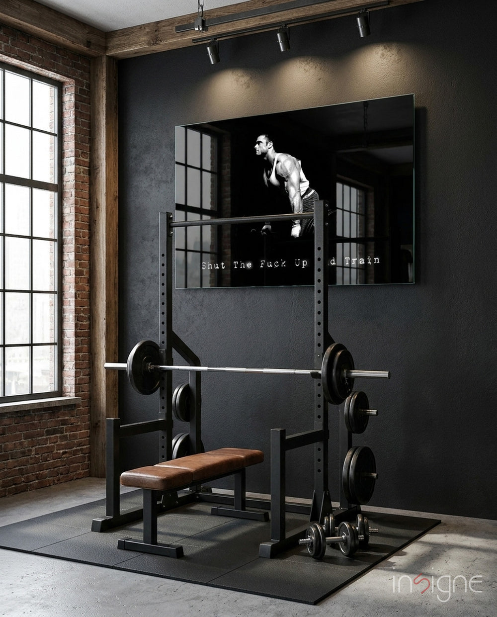 Train glass wall art in a modern home gym
