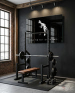 Train glass wall art in a modern home gym