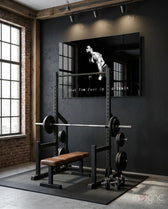 Train glass wall art in a modern home gym