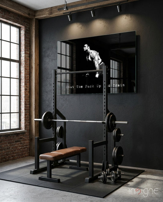 Train glass wall art in a modern home gym