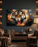 Anger of a Tiger glass wall art in a modern creative loft