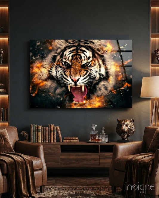 Anger of a Tiger glass wall art in a modern creative loft