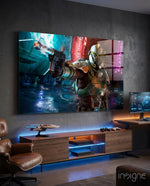Mandalorian Old Republic glass wall art in a modern home cinema
