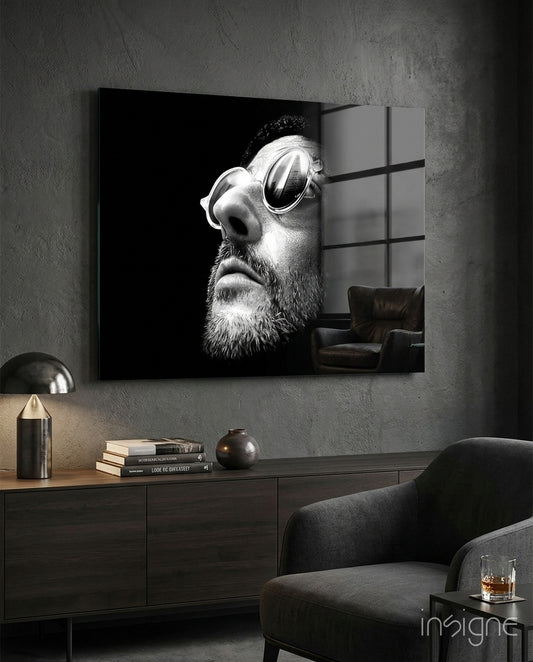 Leon glass wall art in a modern home cinema