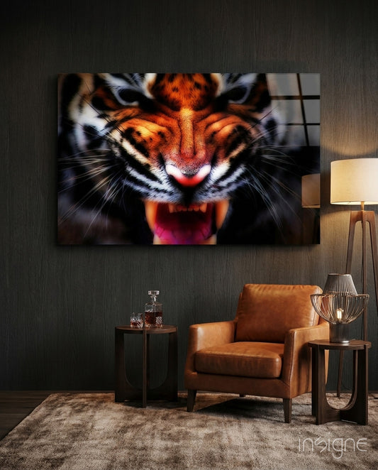 Anger of a Tiger Close-Up glass wall art in a modern creative loft