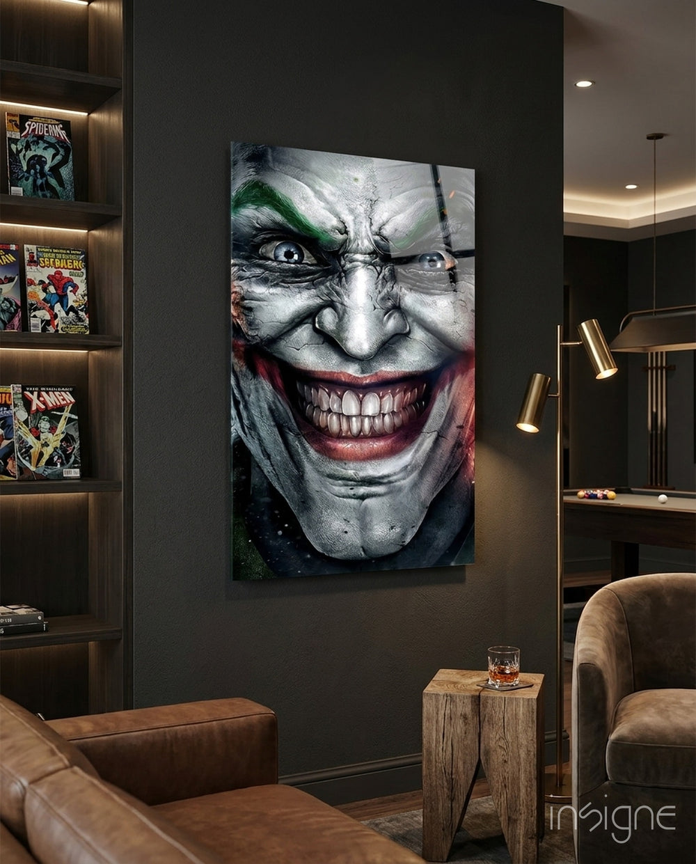 Comic Joker Grin glass wall art in a modern home cinema
