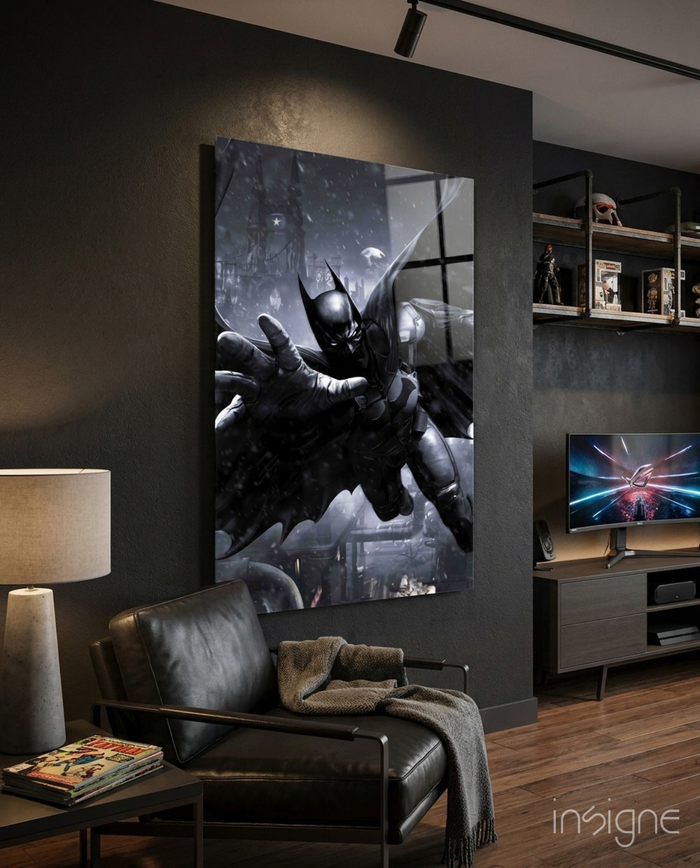 Batman Arkham Leap glass wall art in a modern home cinema