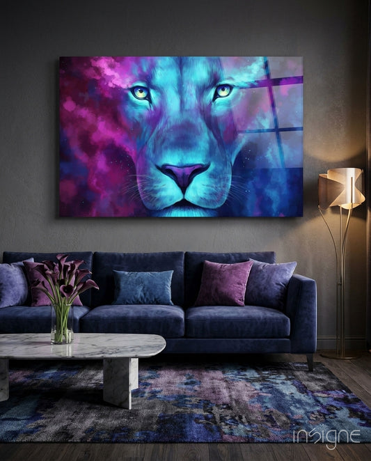 Cosmic Watercolor Lion glass wall art in a modern creative loft