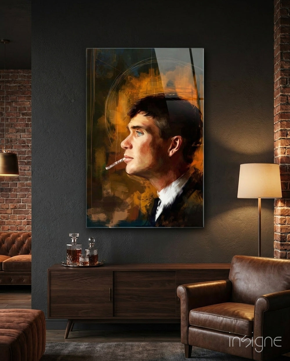 Peaky Blinders Tommy Shelby Profile glass wall art in a modern home cinema