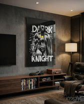 Dark Knight Comic glass wall art in a modern home cinema
