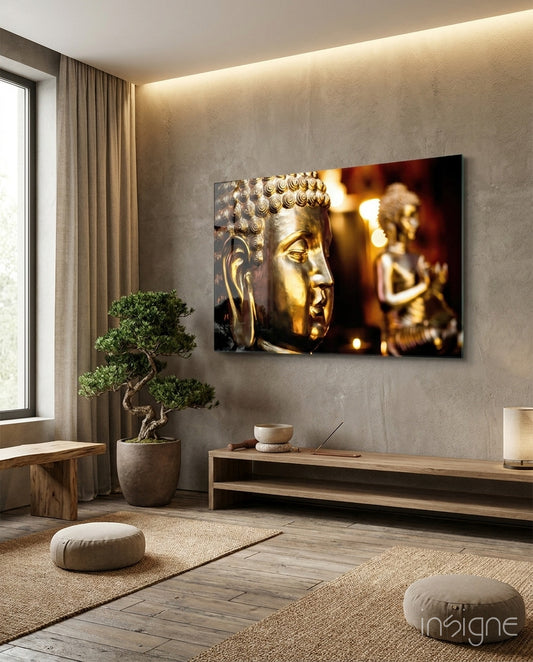 Golden Buddha glass wall art in a quiet meditation room
