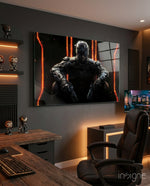 Call of Duty glass wall art in a modern gaming room