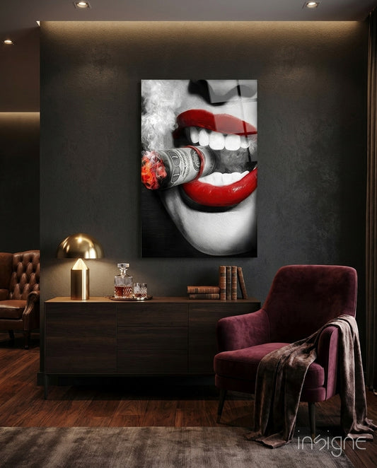 Burn the Money glass wall art in a modern creative loft
