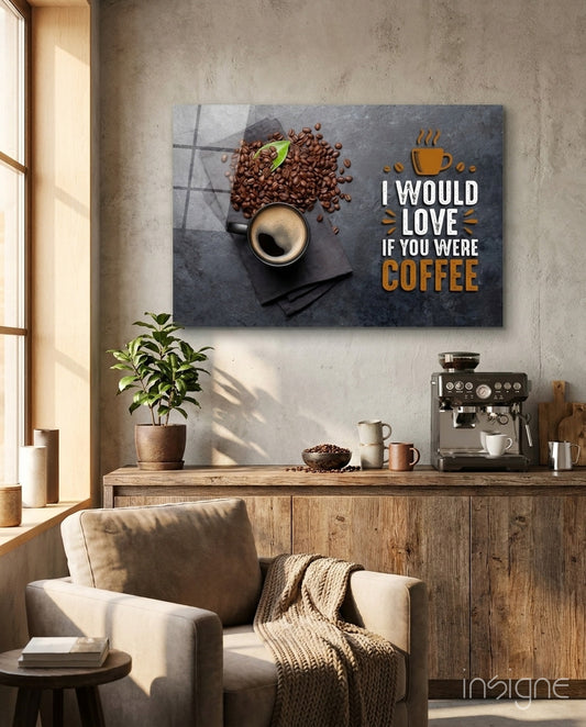 Coffee Quote glass wall art in a modern coffee bar