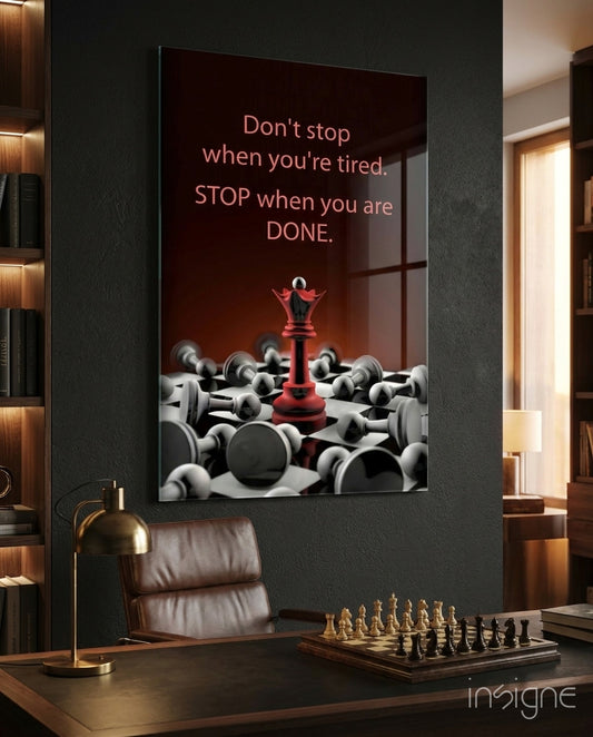 Don't Stop glass wall art in a modern study