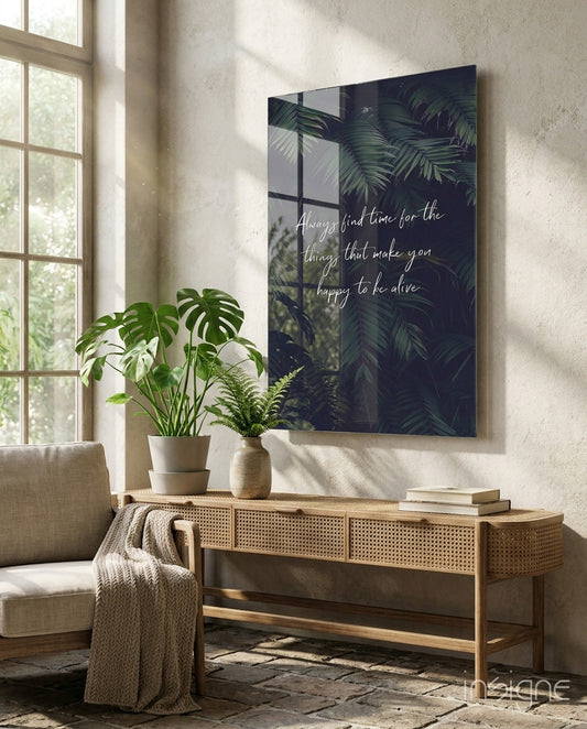Secret of Happiness glass wall art in a modern creative loft