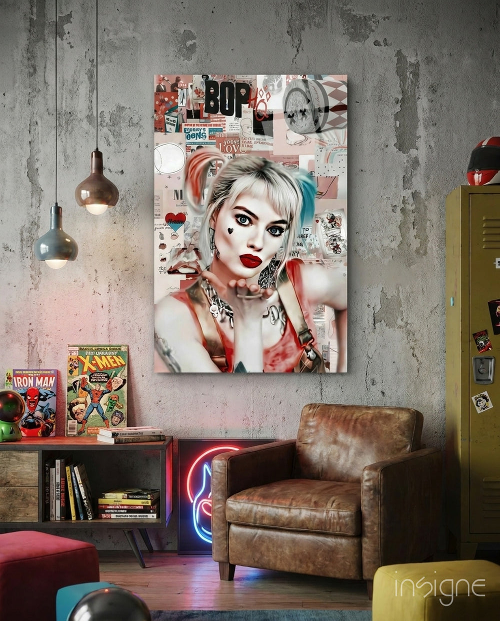 Harley Quinn glass wall art in a modern creative loft